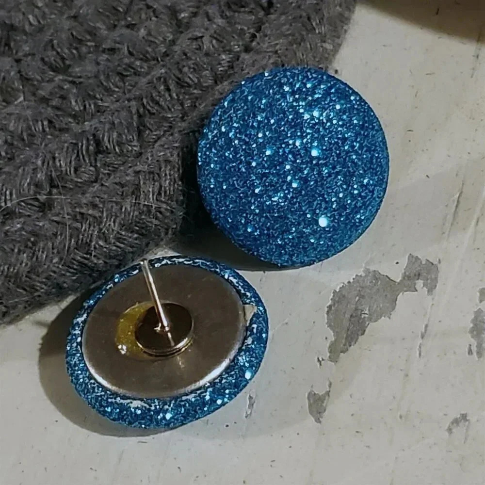 Retro 80s Club Glam Disco Sparkly Turquoise Blue Fabric Button Earrings - Picture 3 of 10